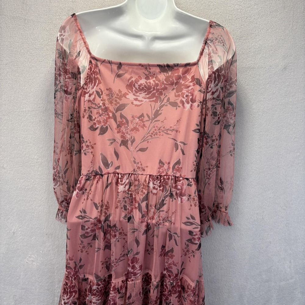 Candalite Sheer Tiered Maxi Dress Womens M Pink Floral Whimsical Romantic Flowy - Picture 4 of 14